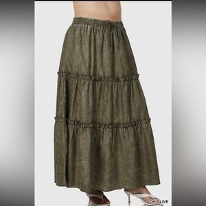 **NEW** Zenana Acid Wash Woven Tiered Ruffle Maxi Skirt OLIVE GREEN